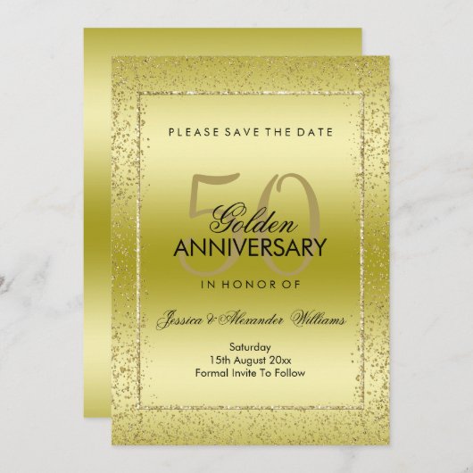 Stijlvolle gouden confetti 50ste verjaardag huweli save the date (Voorkant / Achterkant)