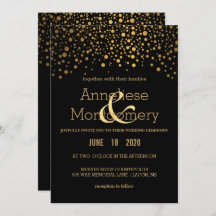 Stijlvolle gouden confetti en zwarte trouwuitnodig