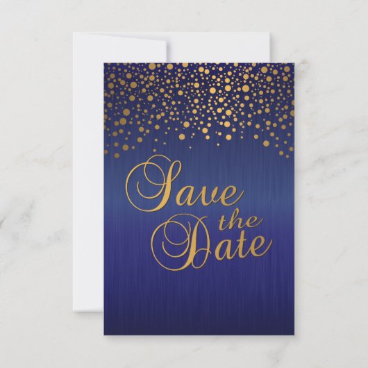 Stijlvolle gouden confetti stippen | saffierblauw save the date (Achterkant)