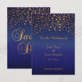 Stijlvolle gouden confetti stippen | saffierblauw save the date (Voorkant / Achterkant)