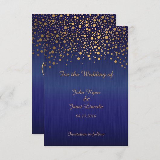Stijlvolle gouden confetti stippen | saffierblauw save the date (Voorkant / Achterkant)