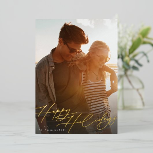Stijlvolle gouden elegante gelukkigste kerstfoto folie feestdagenkaart (Staand Voorkant)