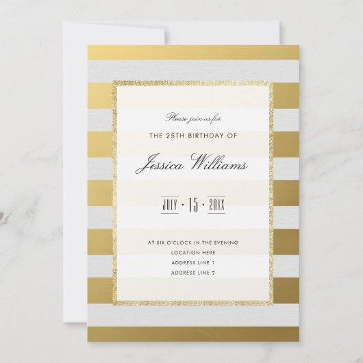 Stijlvolle gouden en witte strepen 25e verjaardags kaart (Voorkant)