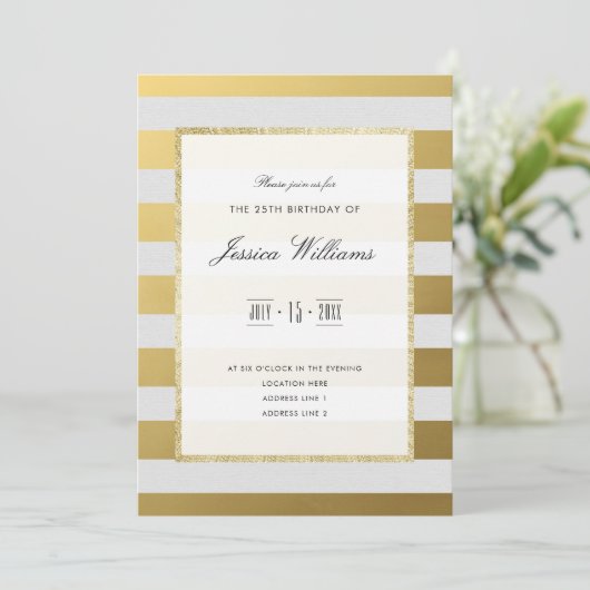 Stijlvolle gouden en witte strepen 25e verjaardags kaart (Staand voorkant)