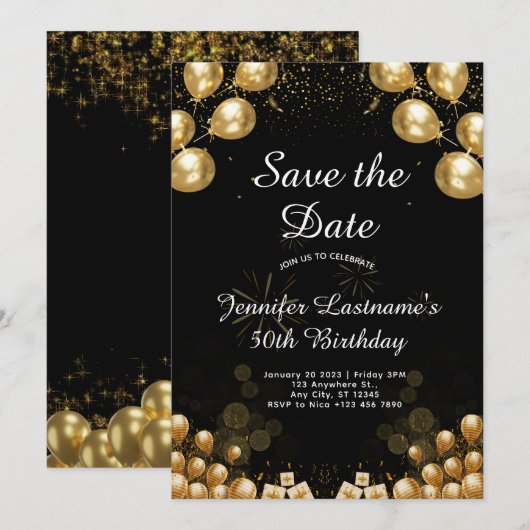 Stijlvolle gouden en zwarte 50e verjaardag uitnodi kaart (Voorkant / Achterkant)