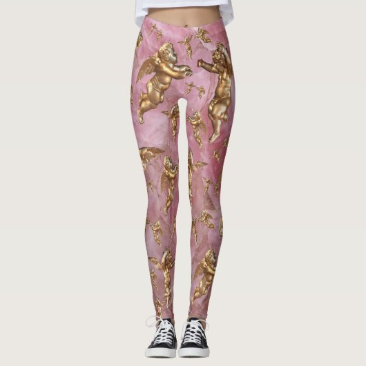 Stijlvolle gouden engelen roze leggings (Voorkant)