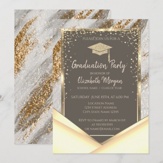 Stijlvolle Gouden Glitter Kwaststreek Afstuderen Kaart (Voorkant / Achterkant)