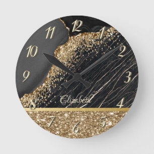 Stijlvolle Gouden Glitter Pailletten Zwarte Marmer Ronde Klok