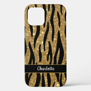 Stijlvolle gouden glitter tijgerstreep naam iPhone 12 hoesje