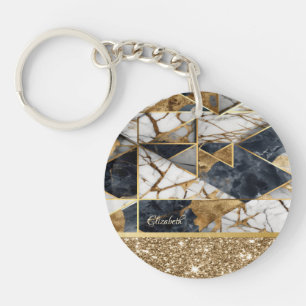 Stijlvolle gouden glitter zwart geometrisch marmer sleutelhanger