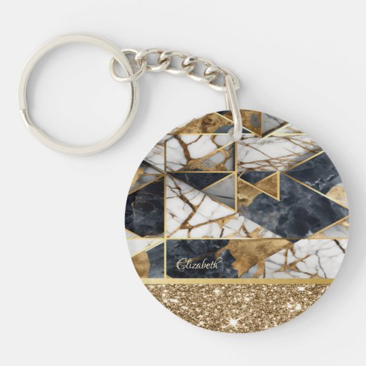 Stijlvolle gouden glitter zwart geometrisch marmer sleutelhanger (Voorkant)