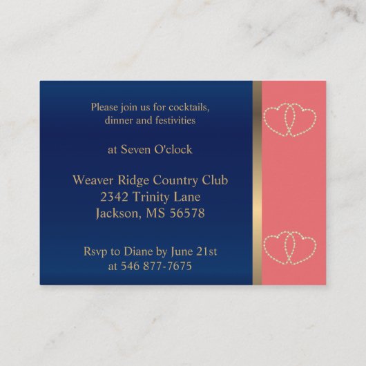 Stijlvolle gouden harten op koraal en marineblauw informatiekaartje (Achterkant)