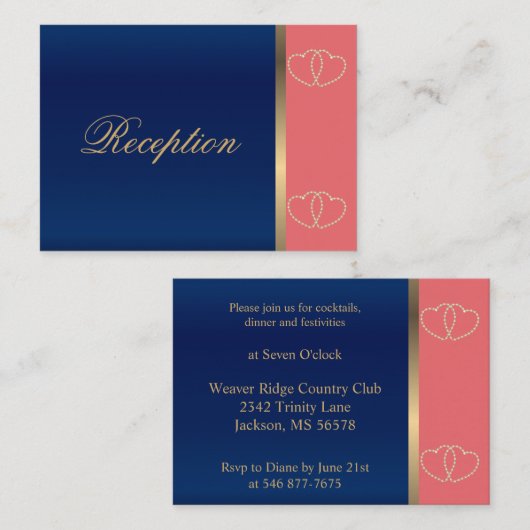 Stijlvolle gouden harten op koraal en marineblauw informatiekaartje (Voorkant / Achterkant)