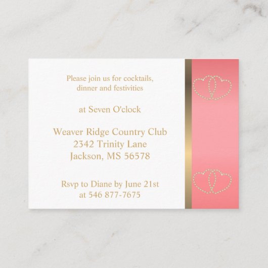 Stijlvolle gouden harten op koraal en wit informatiekaartje (Achterkant)