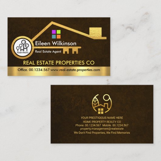 Stijlvolle Gouden Home Key Bruin Grunge Visitekaartje (Voorkant / Achterkant)