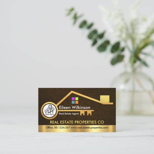 Stijlvolle Gouden Home Key Bruin Grunge Visitekaartje (Staand voorkant)