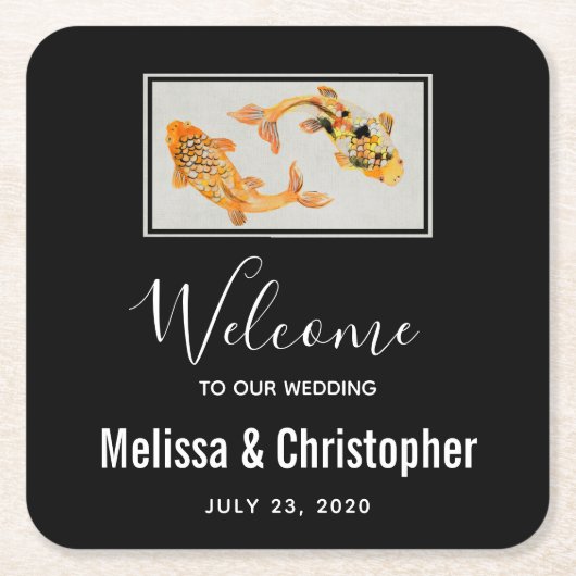 Stijlvolle Gouden Koi Vis Huwelijk Kartonnen Onderzetters (Voorkant)