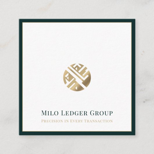 Stijlvolle Gouden Logo Groene Rand Vierkante Visitekaartje (Voorkant)