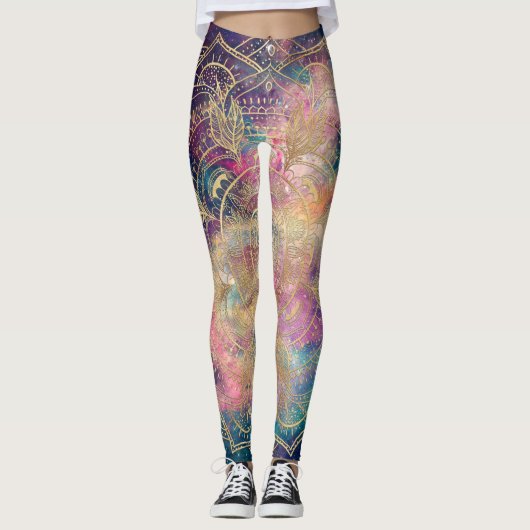 Stijlvolle gouden mandala kleurrijke Waterverf nev Leggings (Voorkant)