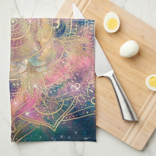 Stijlvolle gouden mandala kleurrijke Waterverf nev Theedoek (Quarter Fold)