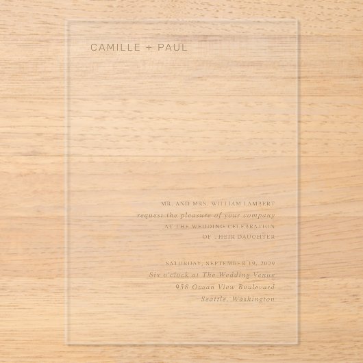 Stijlvolle gouden minimalistische bruiloft acryl uitnodigingen (Voorkant)