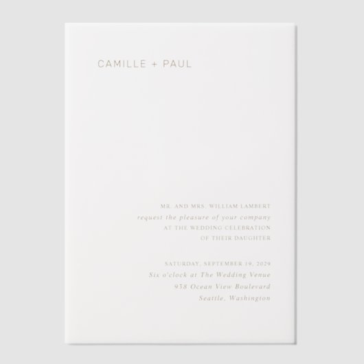 Stijlvolle gouden minimalistische bruiloft vellum uitnodigingen (Voorkant)