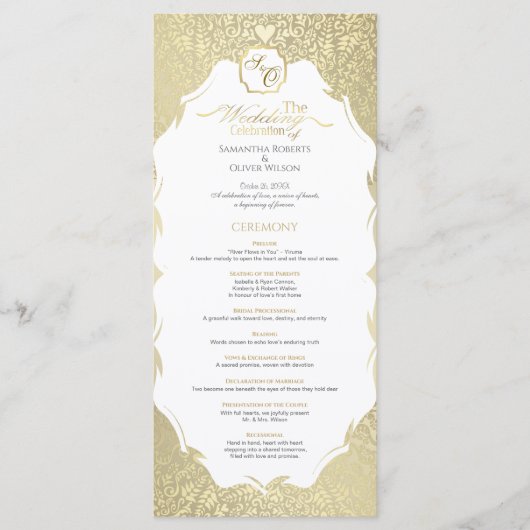 Stijlvolle gouden monogram bruiloft programma programmakaart (Voorkant)