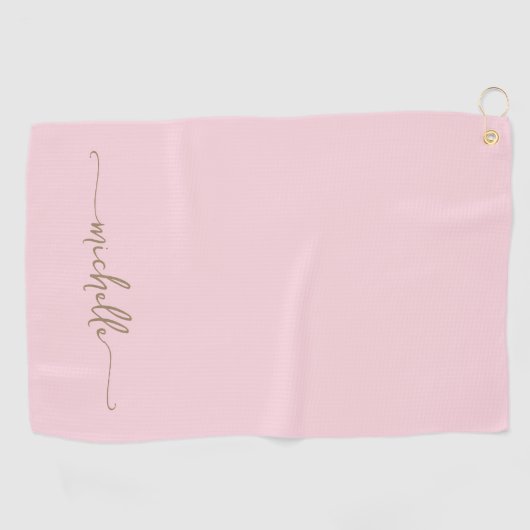 Stijlvolle Gouden Monogram Naam Script Blush Pink Golfhanddoek (Horizontaal)