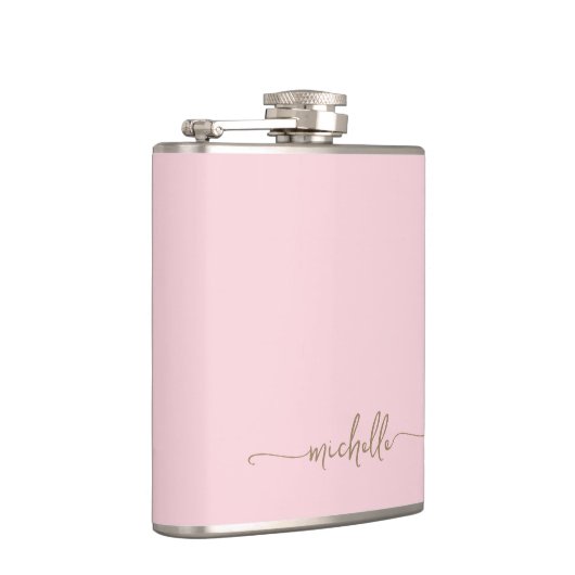 Stijlvolle Gouden Monogram Naam Script Blush Pink Heupfles (Rechts)