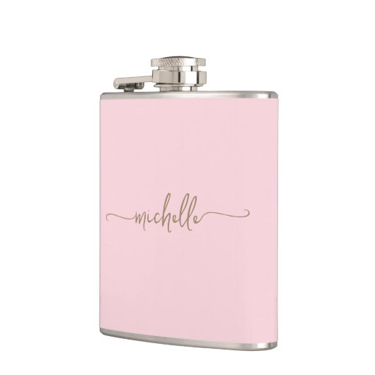 Stijlvolle Gouden Monogram Naam Script Blush Pink Heupfles (Links)