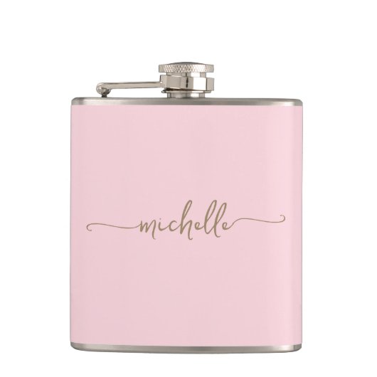 Stijlvolle Gouden Monogram Naam Script Roze Rood Heupfles (Voorkant)