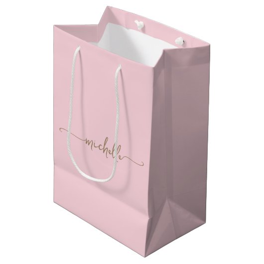Stijlvolle Gouden Monogram Naam Script Roze Roos G Medium Cadeauzakje (Voorkant Gekanteld)
