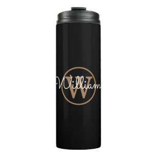 Stijlvolle gouden monogram script naam zwart thermosbeker