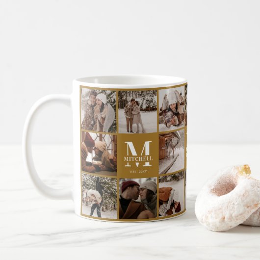Stijlvolle  gouden Multi Photo Collage Keepsake Koffiemok (Met donut)