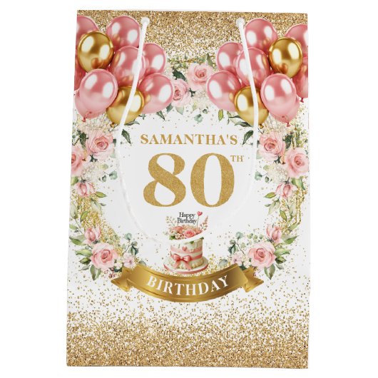 Stijlvolle gouden nummer 80e verjaardag roze ballo medium cadeauzakje (Achterkant)