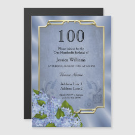 Stijlvolle gouden omrande blauwe wandtapijt 100ste magnetische uitnodiging
