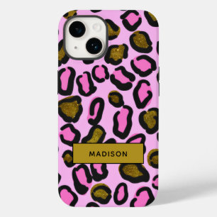 Stijlvolle gouden roze glitter luipaard print naam Case-Mate iPhone 14 hoesje