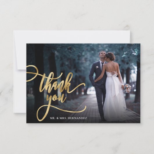 Stijlvolle gouden script 2 foto bruiloft dank u ka bedankkaart (Voorkant)