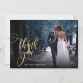 Stijlvolle gouden script 2 foto bruiloft dank u ka bedankkaart (Voorkant)