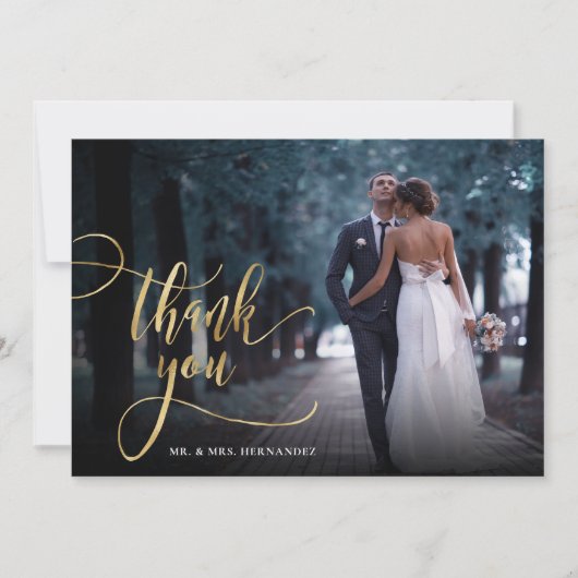 Stijlvolle gouden script 2 foto bruiloft dank u ka bedankkaart (Voorkant)