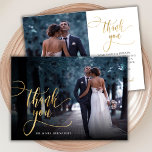 Stijlvolle gouden script 2 foto bruiloft dank u ka bedankkaart<br><div class="desc">Modern Elegant Boho Chic Gold Kalligrafie Script Wedding 2 Foto Dank je kaart. Stijlvolle bruiloft dank u sjabloon met een volledige verticale foto op de voorkant met de tekst "Thank You" in een grillige wervelende hand belettering typografie script swash tail font overlay op het afbeelding en een achterkant een (1)...</div>