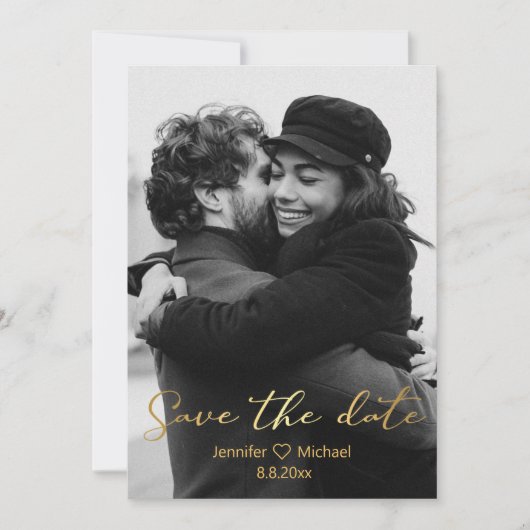 Stijlvolle gouden script foto Sla de datum kaart Notitiekaartje (Voorkant)