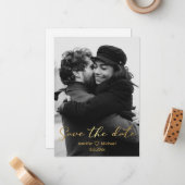 Stijlvolle gouden script foto Sla de datum kaart Notitiekaartje (Voorkant / Achterkant in situ)