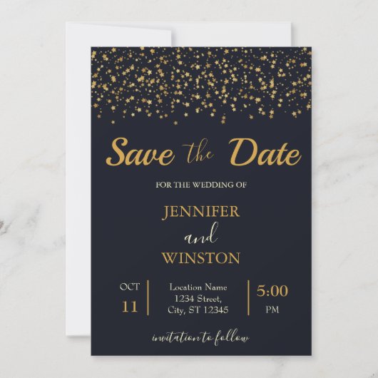 Stijlvolle gouden sterren bruiloft save the date (Voorkant)