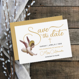 Stijlvolle gouden witte engel zegen doopsacramente save the date