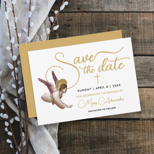 Stijlvolle gouden witte engel zegen doopsacramente save the date