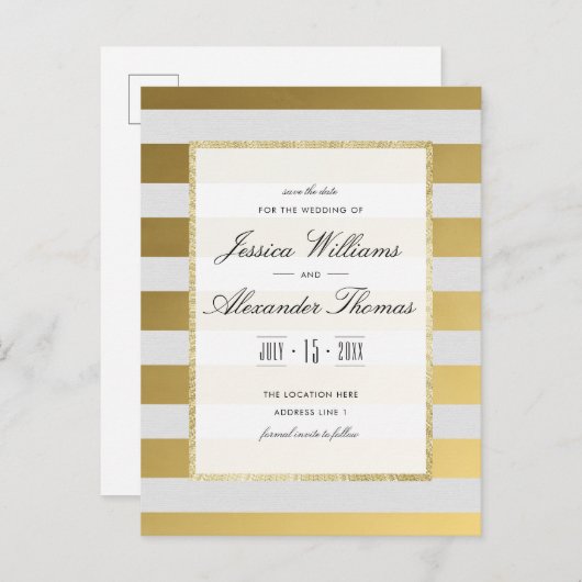 Stijlvolle gouden & witte strepen bruiloft Save th Aankondigingskaart (Voorkant / Achterkant)