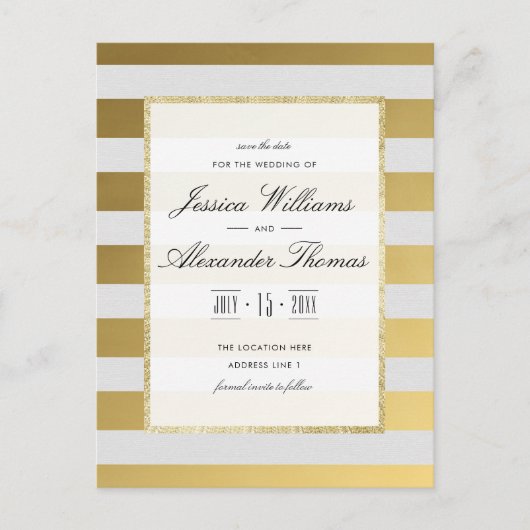 Stijlvolle gouden & witte strepen bruiloft Save th Aankondigingskaart (Voorkant)