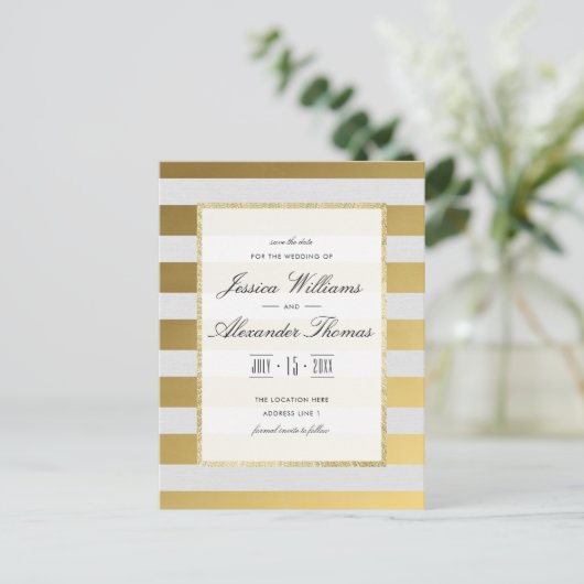Stijlvolle gouden & witte strepen bruiloft Save th Aankondigingskaart (Staand voorkant)