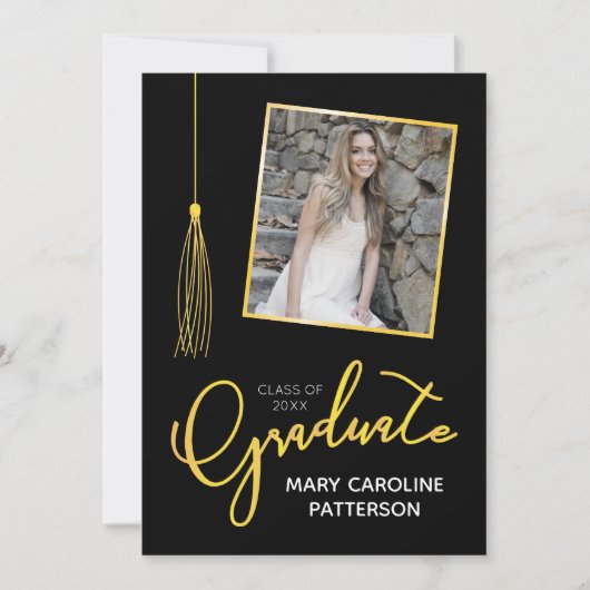 Stijlvolle gouden zwarte foto Afstuderen aankondig (Voorkant)